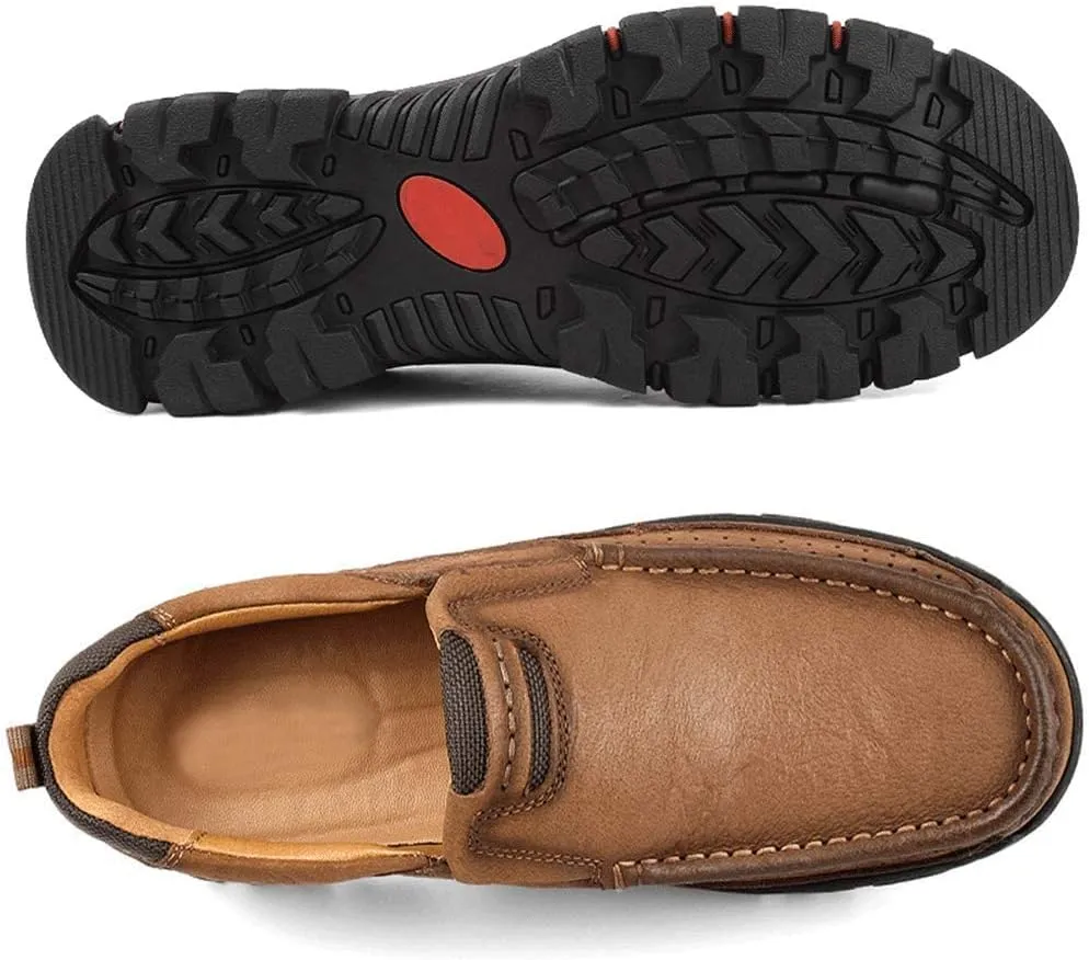 YONGJIA Men's Classic Outdoor Leather Non-Slip Lightweight Breathable Loafers Shoes Hiking Casual Shoes