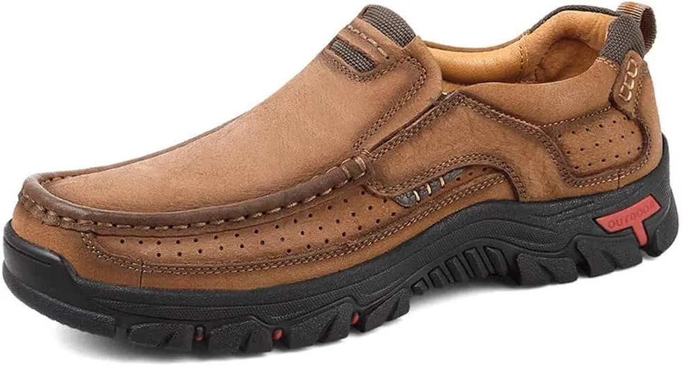 YONGJIA Men's Classic Outdoor Leather Non-Slip Lightweight Breathable Loafers Shoes Hiking Casual Shoes
