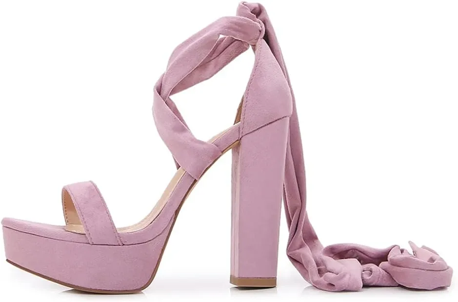 YooPrettyz Women Suede Platform Stiletto Heels Crisscrossed Straps Lace Up Finish Classic Chunky Heels