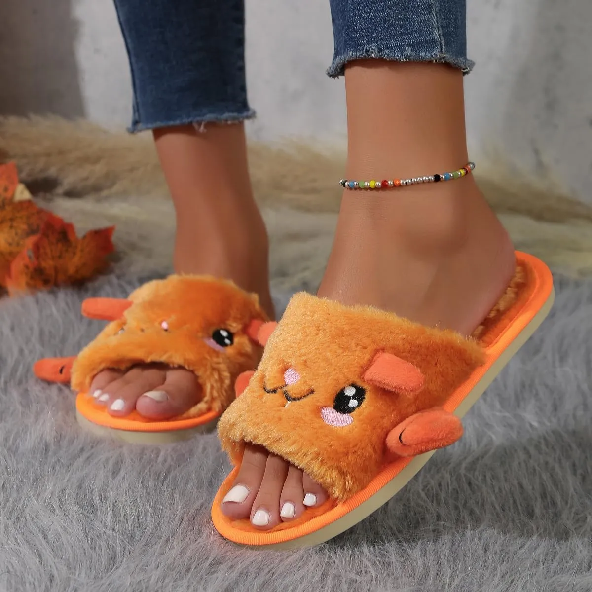 Zureto Halloween Pumpkin Slippers, Spooky Bat Slippers, Adults Fuzzy Slippers Soft Plush Cozy Open Toe Shoes