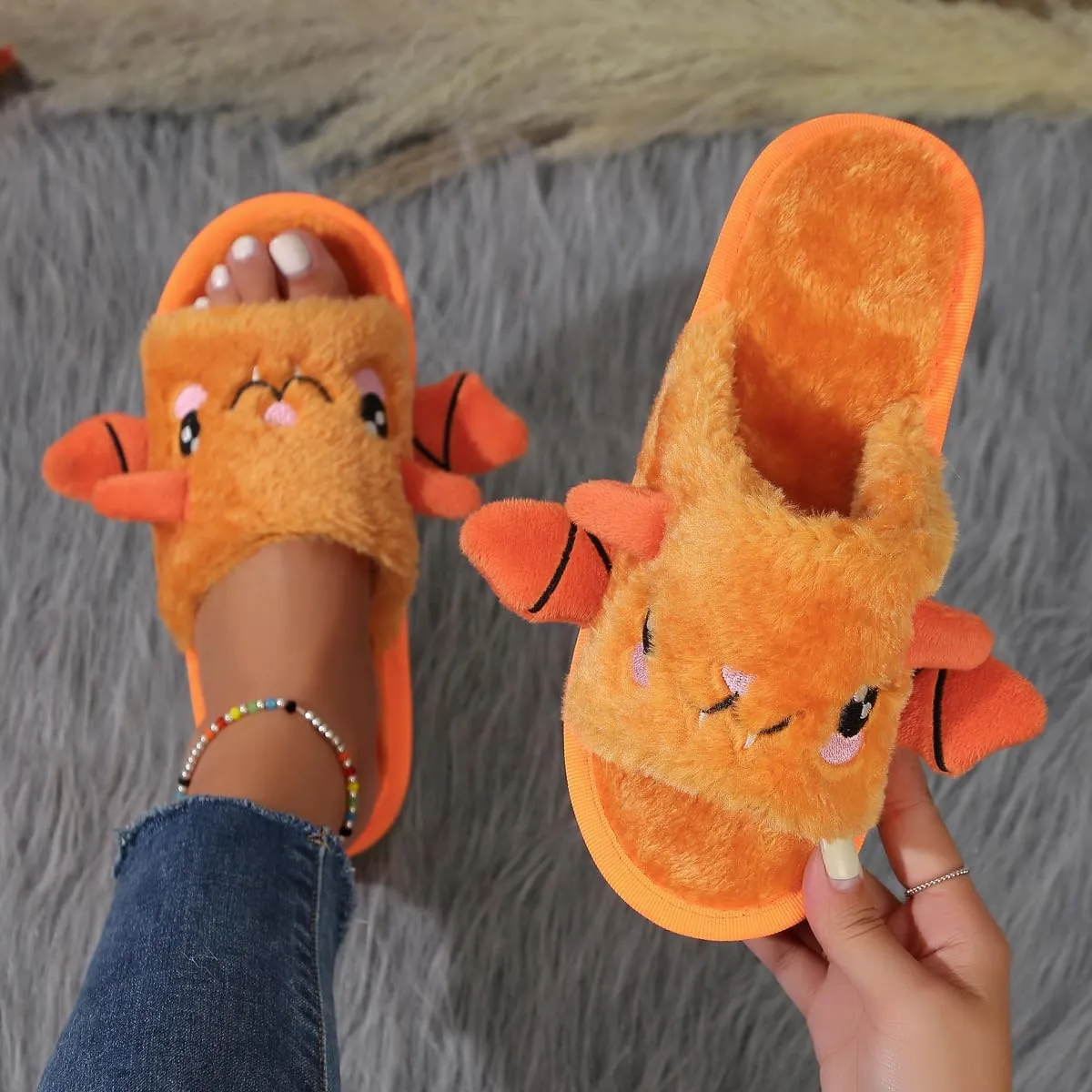 Zureto Halloween Pumpkin Slippers, Spooky Bat Slippers, Adults Fuzzy Slippers Soft Plush Cozy Open Toe Shoes