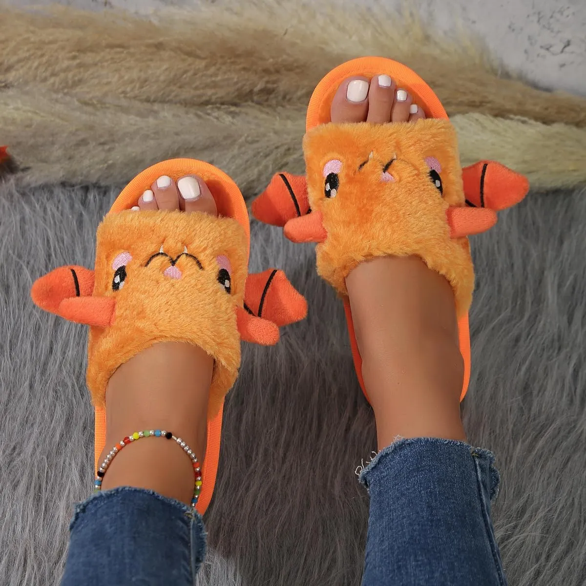 Zureto Halloween Pumpkin Slippers, Spooky Bat Slippers, Adults Fuzzy Slippers Soft Plush Cozy Open Toe Shoes