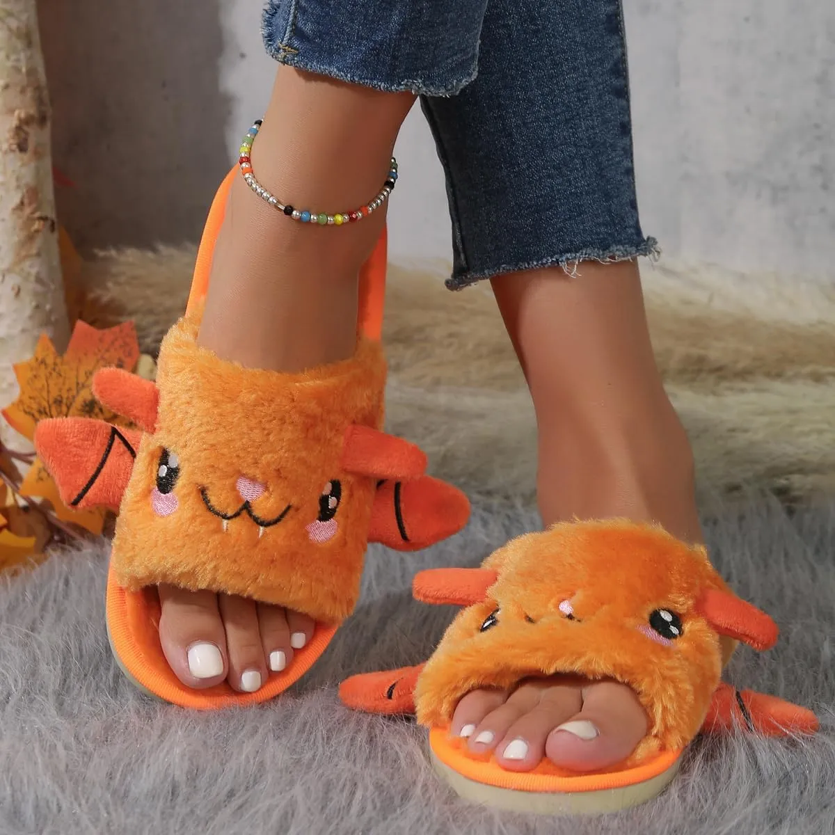 Zureto Halloween Pumpkin Slippers, Spooky Bat Slippers, Adults Fuzzy Slippers Soft Plush Cozy Open Toe Shoes