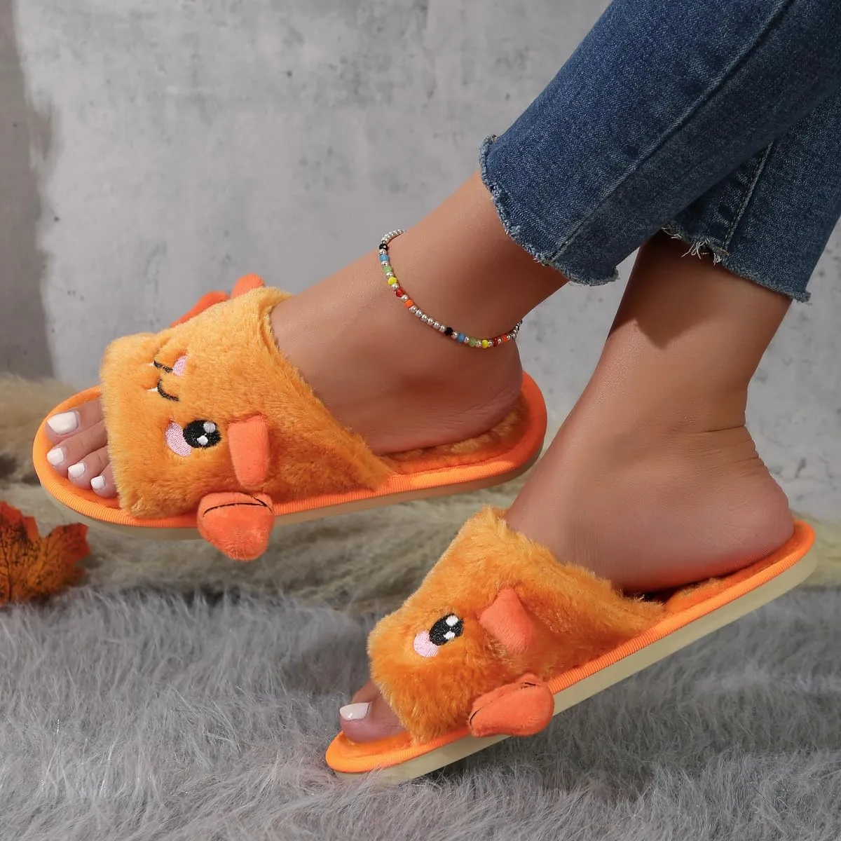 Zureto Halloween Pumpkin Slippers, Spooky Bat Slippers, Adults Fuzzy Slippers Soft Plush Cozy Open Toe Shoes