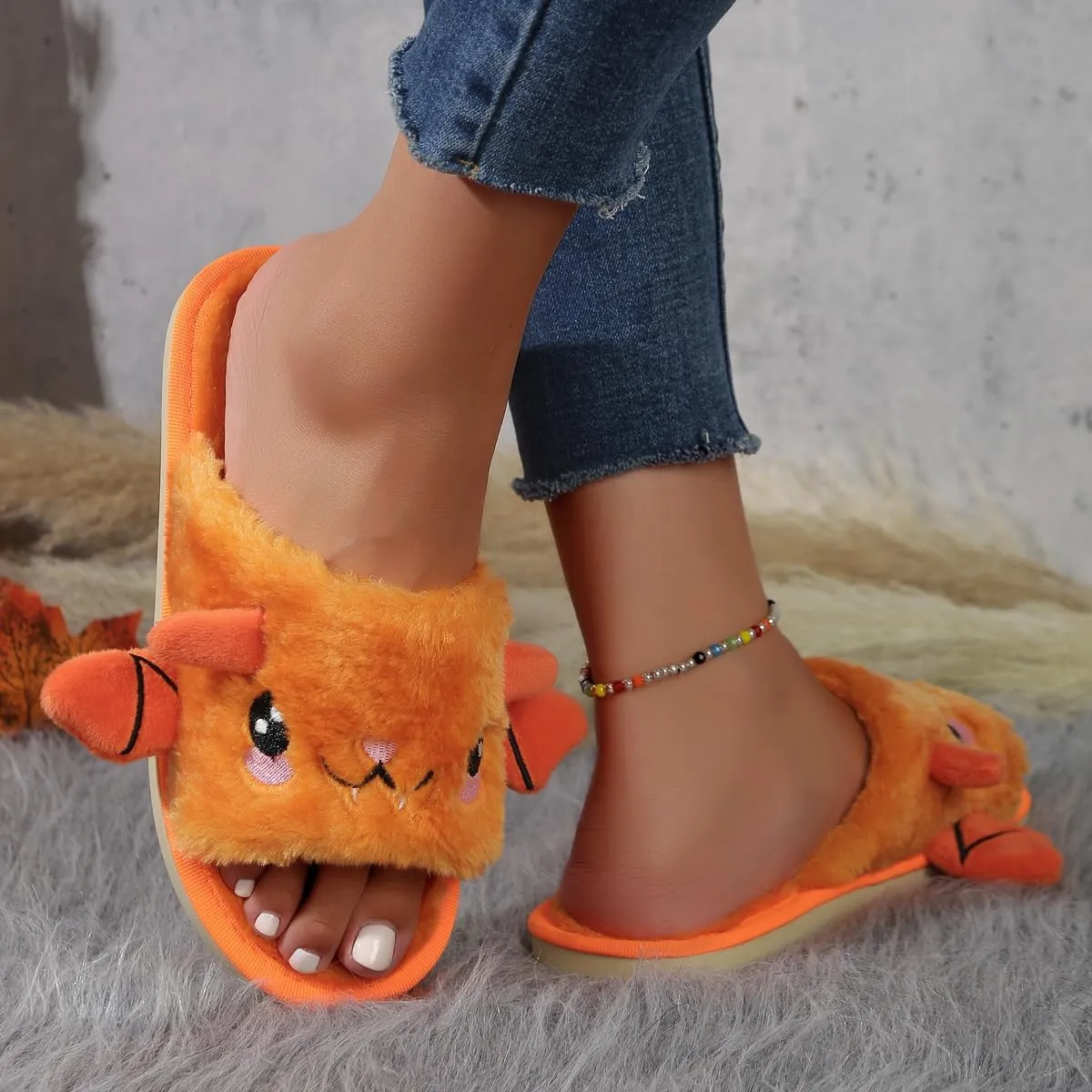 Zureto Halloween Pumpkin Slippers, Spooky Bat Slippers, Adults Fuzzy Slippers Soft Plush Cozy Open Toe Shoes