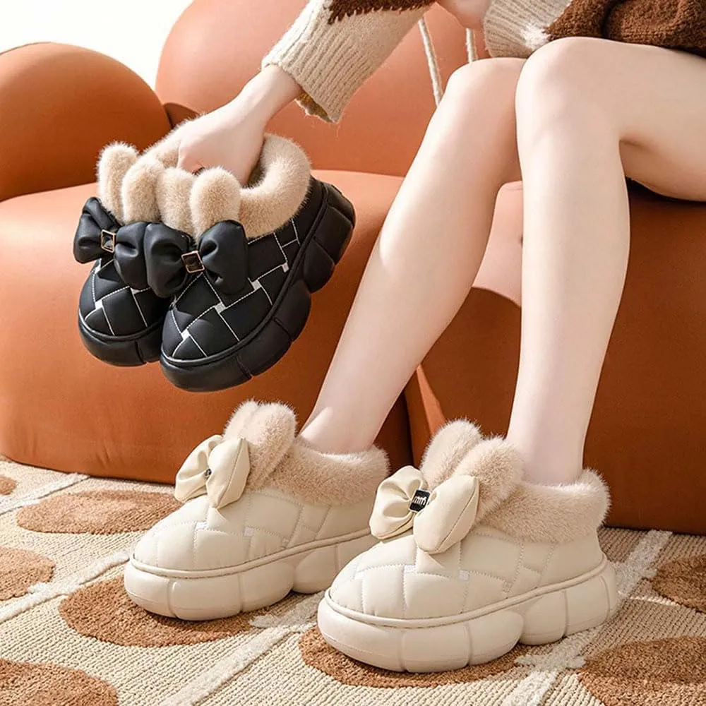 Zureto Women's Cute Bowknot Design Plush Lined Slipper Boots, Winter Warm Anti-Skid Thick Sole Bow Slippers, Waterproof House Slipper