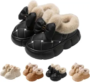 Zureto Women's Cute Bowknot Design Plush Lined Slipper Boots, Winter Warm Anti-Skid Thick Sole Bow Slippers, Waterproof House Slipper
