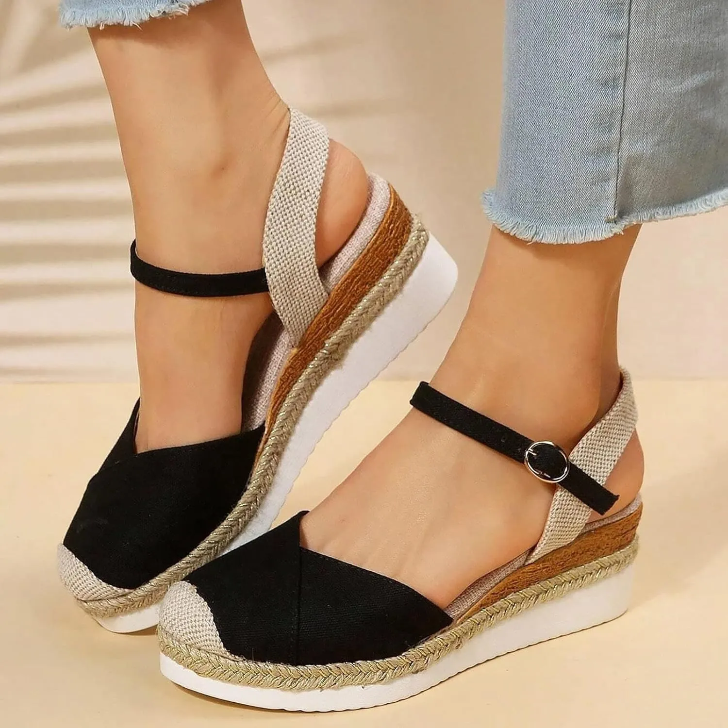 ZWRXW Closed Toe Sandals Women Arch Support Orthopedic Platform Wedge Sandals Buckle Ankle Strap Walking Sandal Boho Elegant Dressy Summer Shoes