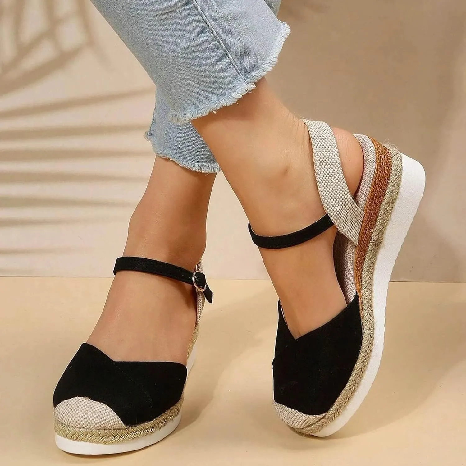 ZWRXW Closed Toe Sandals Women Arch Support Orthopedic Platform Wedge Sandals Buckle Ankle Strap Walking Sandal Boho Elegant Dressy Summer Shoes