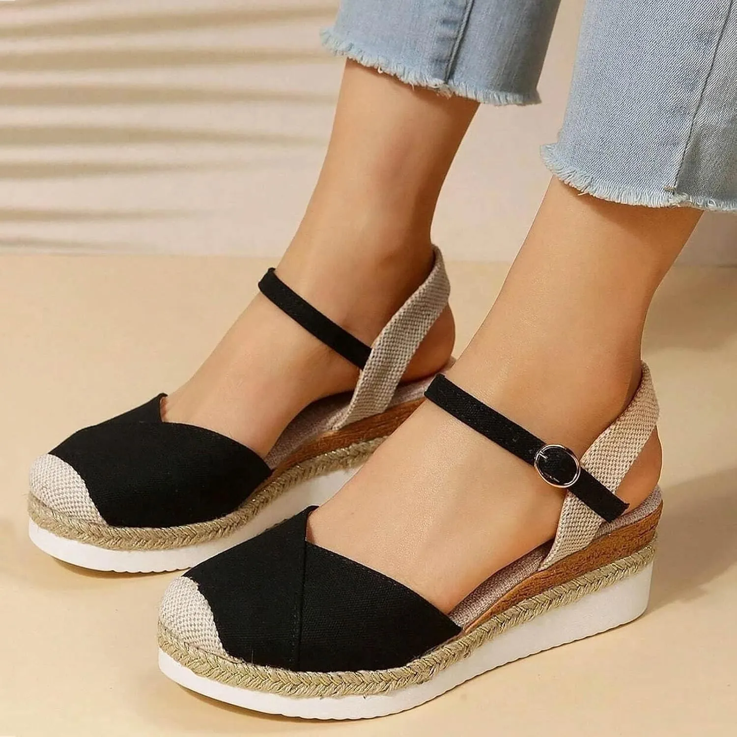 ZWRXW Closed Toe Sandals Women Arch Support Orthopedic Platform Wedge Sandals Buckle Ankle Strap Walking Sandal Boho Elegant Dressy Summer Shoes